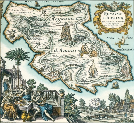 "Le Royaume d’Amour en l’Isle de Cythère", carte décrite par le Sieur Tristan Lhermitte, 1650